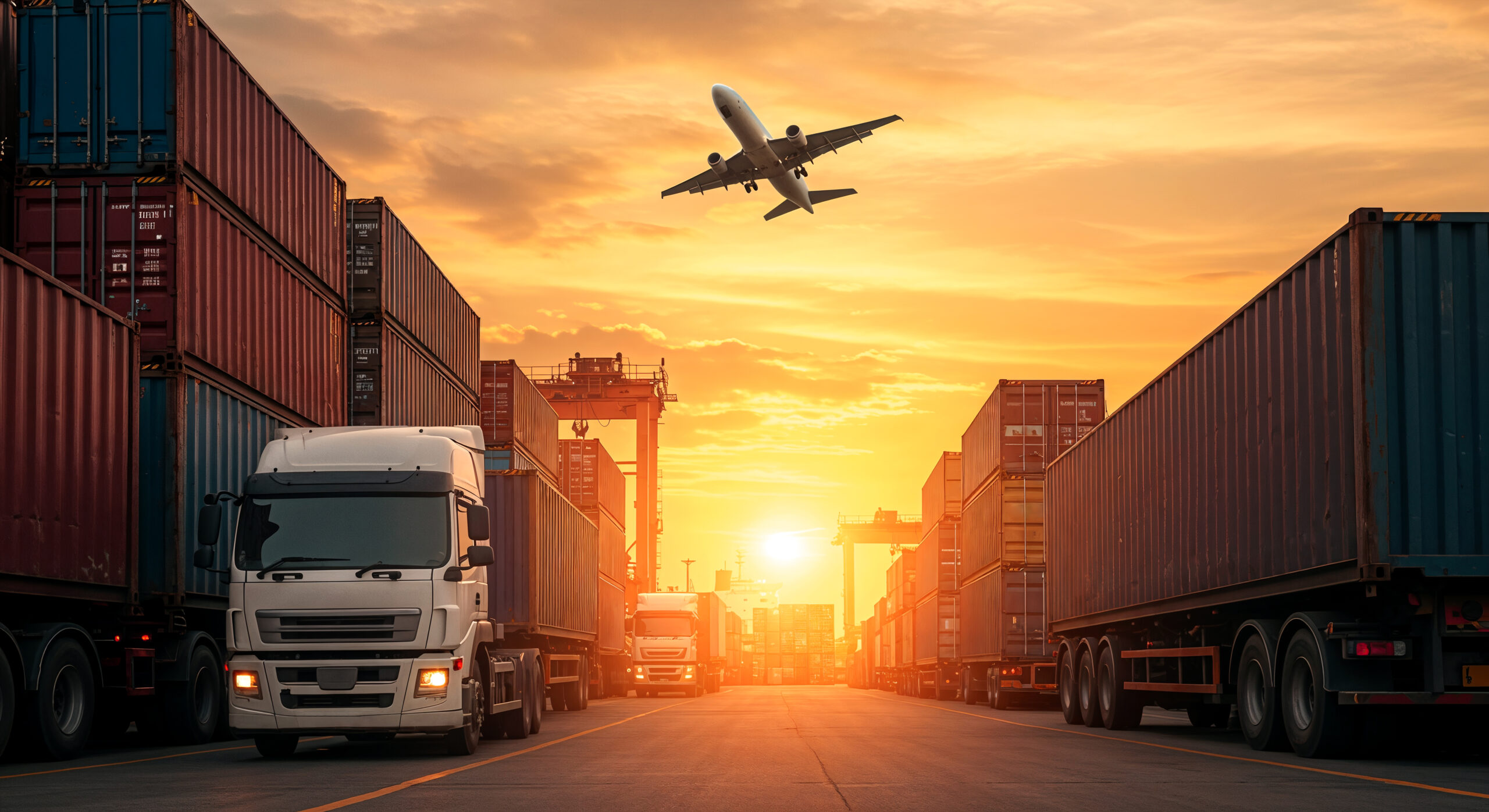 Global shipping logistics at sunset with airplane and trucks