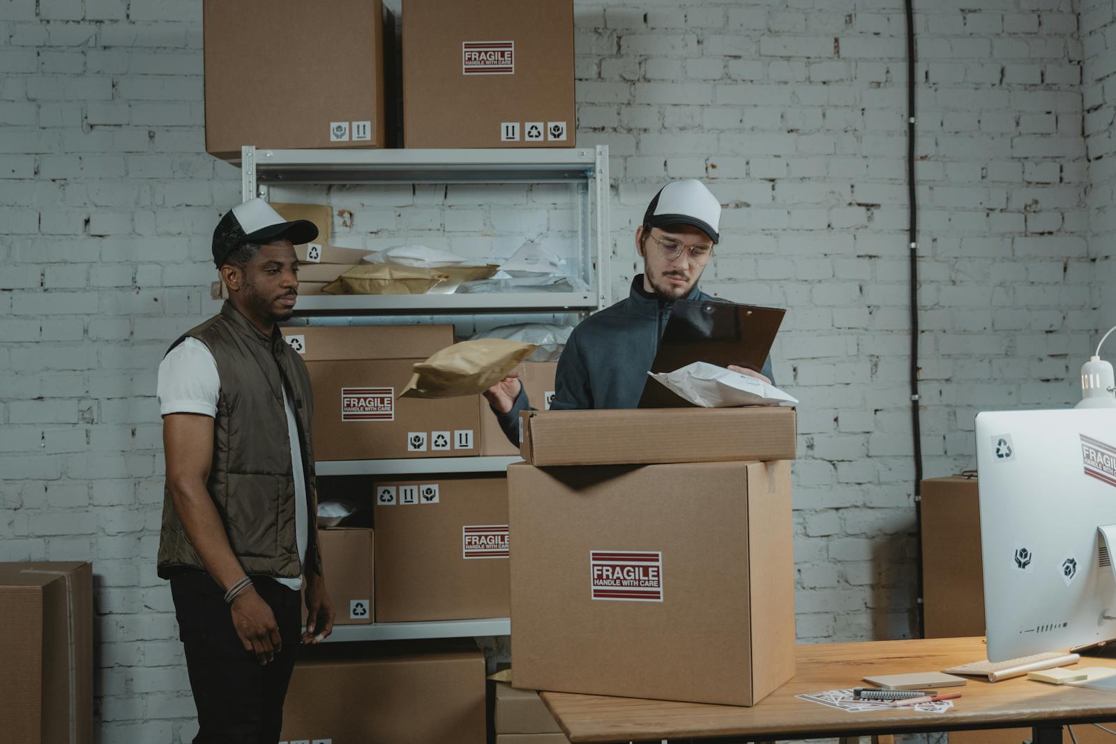 Two workers in a warehouse handling and checking fragile labeled packages before shipping.